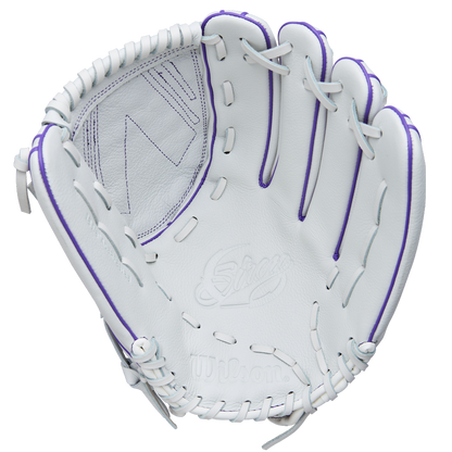 The Wilson A500 Siren 12.5" Fastpitch Glove (WBW103561125) is a white youth glove made of top grain leather, featuring purple stitching, detailed lacing, visible Wilson branding, and a Quick-Fit Wrist on a plain white background.