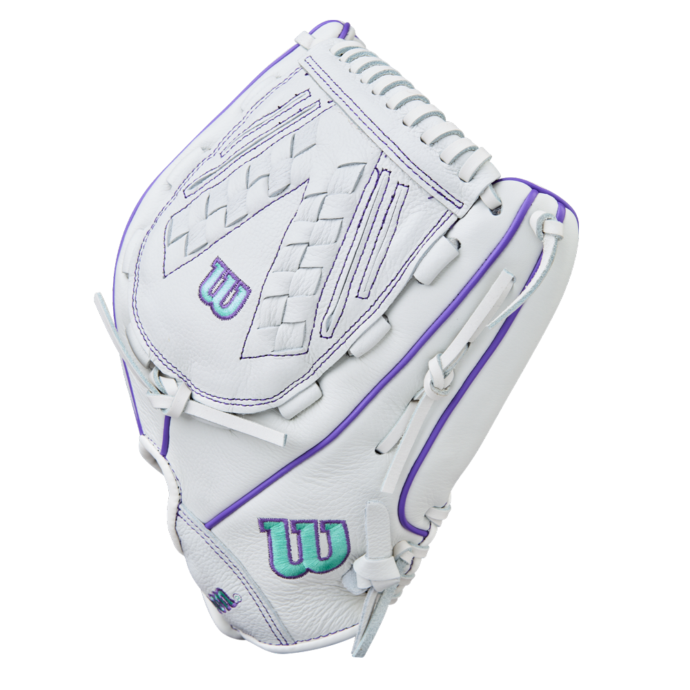 The Wilson A500 Siren 12.5" Fastpitch Glove (WBW103561125) features a white catcher's mitt with purple accents, teal Wilson logos, intricate stitching, Quick-Fit Wrist, and top grain leather—shown on a plain white background.