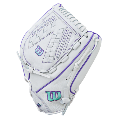 The Wilson A500 Siren 12.5" Fastpitch Glove (WBW103561125) features a white catcher's mitt with purple accents, teal Wilson logos, intricate stitching, Quick-Fit Wrist, and top grain leather—shown on a plain white background.