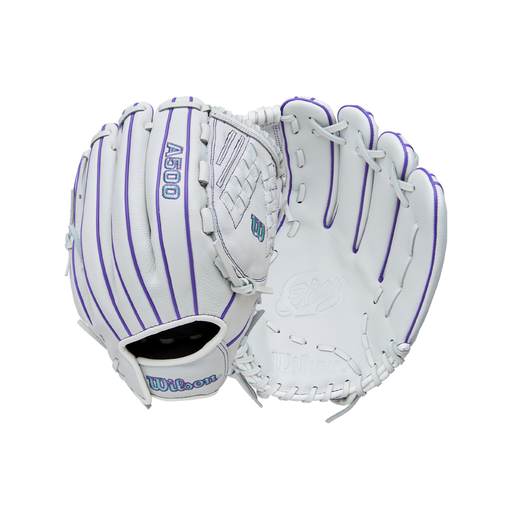 The Wilson A500 Siren 12.5" Fastpitch Glove (WBW103561125) by Wilson is displayed open and closed, showcasing its top grain leather, white color, and purple accents on a plain light background.
