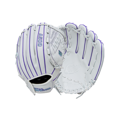 The Wilson A500 Siren 12.5" Fastpitch Glove (WBW103561125) by Wilson is displayed open and closed, showcasing its top grain leather, white color, and purple accents on a plain light background.