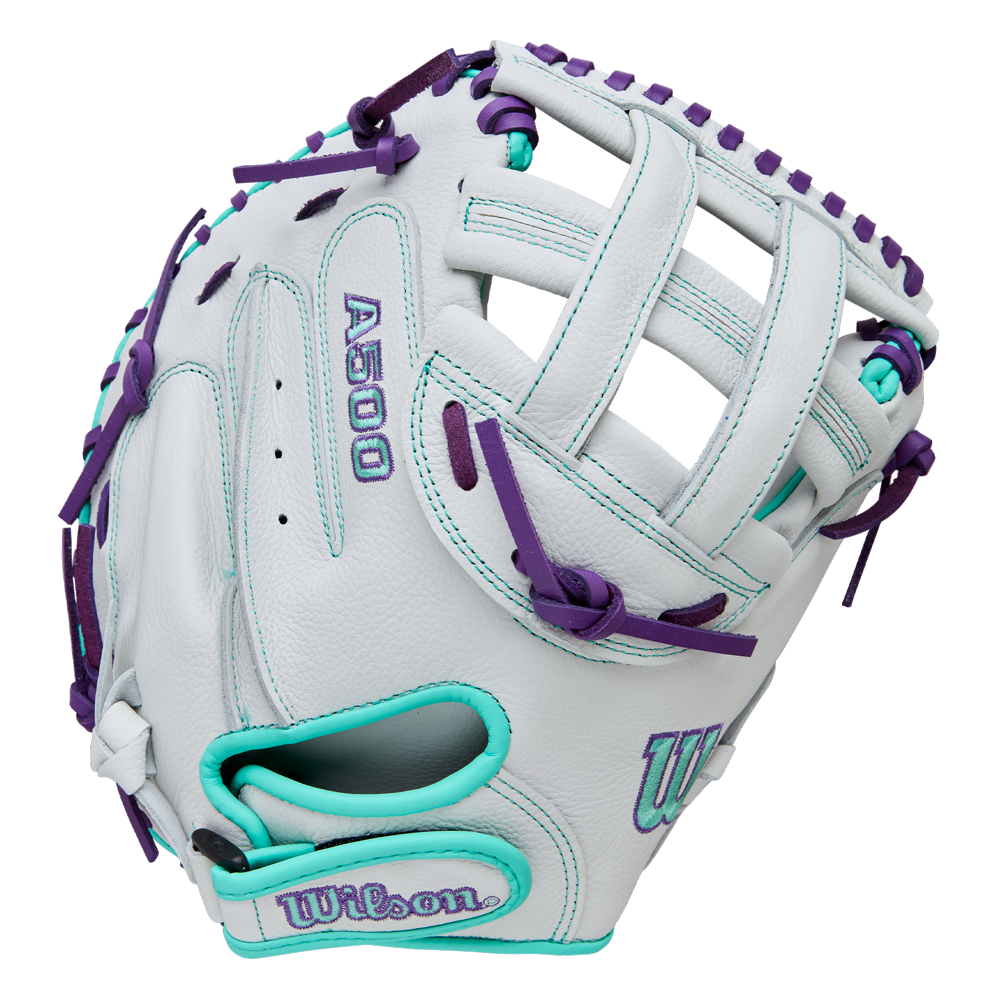 The Wilson A500 Siren 32" Fastpitch Catcher's Mitt (WBW10356332) by Wilson features a white design with teal and purple accents, laces, stitching, logos, and a quick-fit wrist, shown on a plain white background.