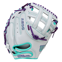 The Wilson A500 Siren 32" Fastpitch Catcher's Mitt (WBW10356332) by Wilson features a white design with teal and purple accents, laces, stitching, logos, and a quick-fit wrist, shown on a plain white background.