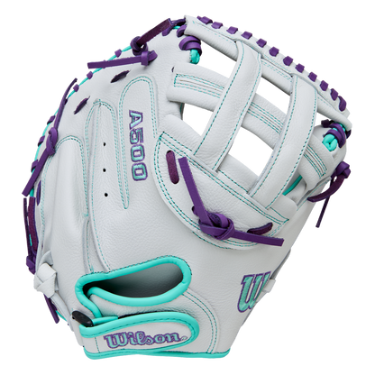 The Wilson A500 Siren 32" Fastpitch Catcher's Mitt (WBW10356332) by Wilson features a white design with teal and purple accents, laces, stitching, logos, and a quick-fit wrist, shown on a plain white background.