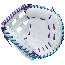 The Wilson A500 Siren 32" Fastpitch Catcher's Mitt by Wilson features a white design with purple and teal lacing, visible stitching, quick-fit wrist adjustment, and an embossed palm logo.