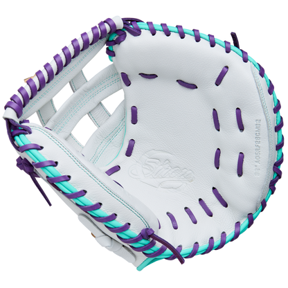 The Wilson A500 Siren 32" Fastpitch Catcher's Mitt by Wilson features a white design with purple and teal lacing, visible stitching, quick-fit wrist adjustment, and an embossed palm logo.
