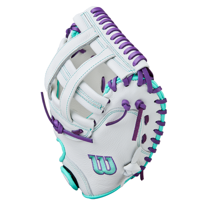 The Wilson A500 Siren 32" Fastpitch Catcher's Mitt (WBW10356332) is a white youth mitt with purple and teal lacing, accents, and a W logo on the palm, displayed against a plain white background.