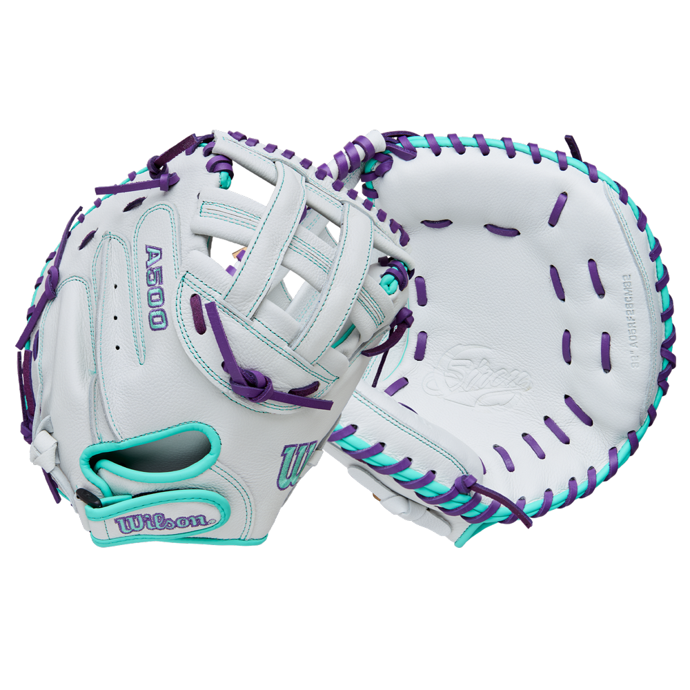 The Wilson A500 Siren 32" Fastpitch Catcher's Mitt (WBW10356332) by Wilson is shown front and back, featuring a white design with teal and purple accents, including purple lacing and stitching, set against a plain background.