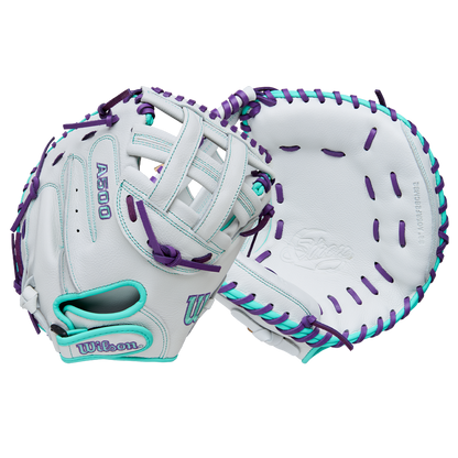 The Wilson A500 Siren 32" Fastpitch Catcher's Mitt (WBW10356332) by Wilson is shown front and back, featuring a white design with teal and purple accents, including purple lacing and stitching, set against a plain background.