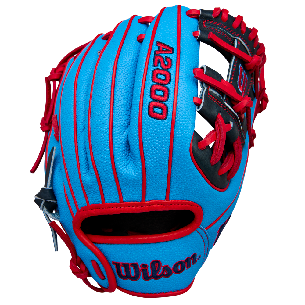 The Wilson A2000 PF11SS 11" Baseball Glove (WBW10394011) features a blue design with red lacing, black accents, bold stitching, and Pro Stock leather, shown against a plain light background.
