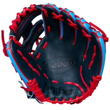 The Wilson A2000 PF11SS 11" Baseball Glove by Wilson, shown open with the palm up against a white background, features blue and black Pro Stock leather, red laces, and Pedroia Fit Technology for infield use.