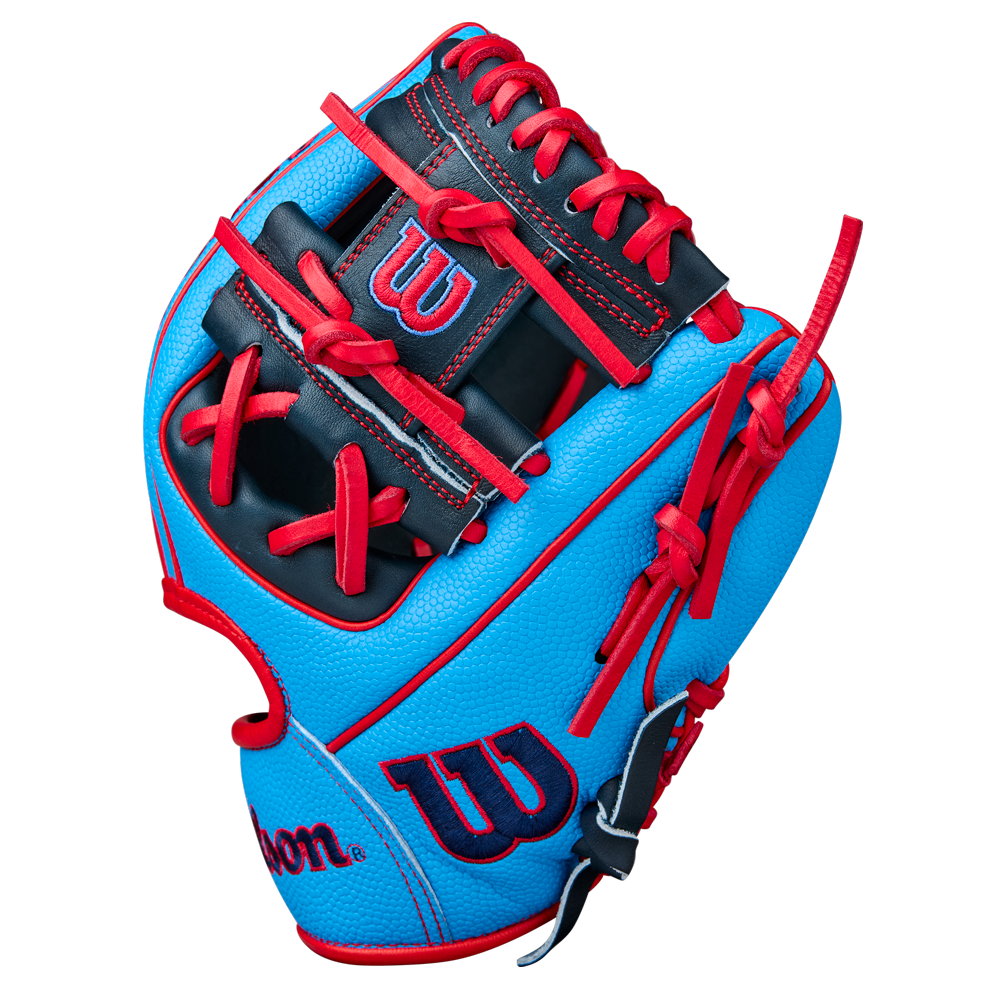 The Wilson A2000 PF11SS 11" Baseball Glove (WBW10394011) is a blue infield glove with red laces and trim, crafted from Pro Stock leather, and features the Wilson logo in blue and red on the thumb and wrist, set on a plain white background.