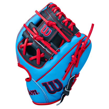 The Wilson A2000 PF11SS 11" Baseball Glove (WBW10394011) is a blue infield glove with red laces and trim, crafted from Pro Stock leather, and features the Wilson logo in blue and red on the thumb and wrist, set on a plain white background.