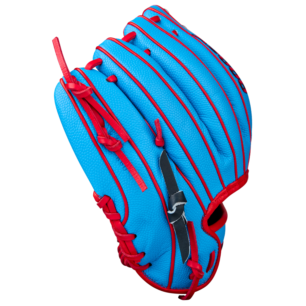 A Wilson A2000 PF11SS 11" Baseball Glove (WBW10394011) with a bright blue design, red laces and accents, crafted from Pro Stock leather, is shown against a plain white background.