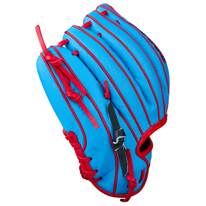 A Wilson A2000 PF11SS 11" Baseball Glove (WBW10394011) with a bright blue design, red laces and accents, crafted from Pro Stock leather, is shown against a plain white background.