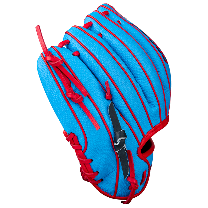 A Wilson A2000 PF11SS 11" Baseball Glove (WBW10394011) with a bright blue design, red laces and accents, crafted from Pro Stock leather, is shown against a plain white background.