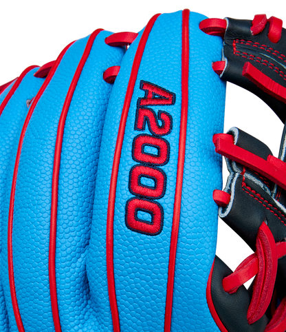 Close-up of a Wilson A2000 PF11SS 11" Baseball Glove with blue Pro Stock leather, red stitching, "A2000" embroidered in red, plus black and red laces. Pedroia Fit design by Wilson.
