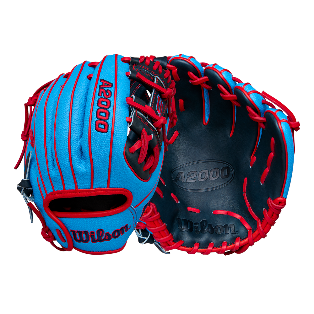 The Wilson A2000 PF11SS 11" Baseball Glove (WBW10394011) by Wilson is shown front and back in bright blue with red laces, crafted from durable Pro Stock leather, displayed against a plain light background.