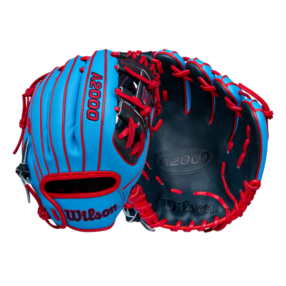 The Wilson A2000 PF11SS 11" Baseball Glove (WBW10394011) by Wilson is shown front and back in bright blue with red laces, crafted from durable Pro Stock leather, displayed against a plain light background.