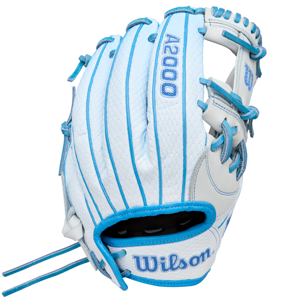 The Wilson A2000 H12SS 12" Fastpitch Glove (WBW10394612) is a white infield glove with light blue laces, accents, and stitching. Made from Pro Stock leather, it features the blue Wilson logo and is shown on a plain white background.
