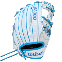 The Wilson A2000 H12SS 12" Fastpitch Glove (WBW10394612) is a white infield glove with light blue laces, accents, and stitching. Made from Pro Stock leather, it features the blue Wilson logo and is shown on a plain white background.