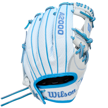 The Wilson A2000 H12SS 12" Fastpitch Glove (WBW10394612) is a white infield glove with light blue laces, accents, and stitching. Made from Pro Stock leather, it features the blue Wilson logo and is shown on a plain white background.