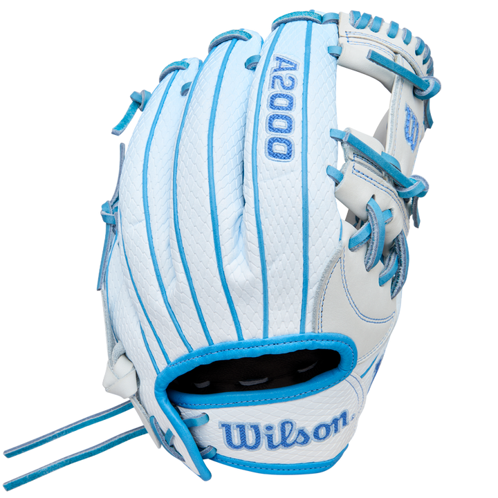 The Wilson A2000 H12SS 12" Fastpitch Glove (WBW10394612) is a white infield glove with light blue laces, accents, and stitching. Made from Pro Stock leather, it features the blue Wilson logo and is shown on a plain white background.