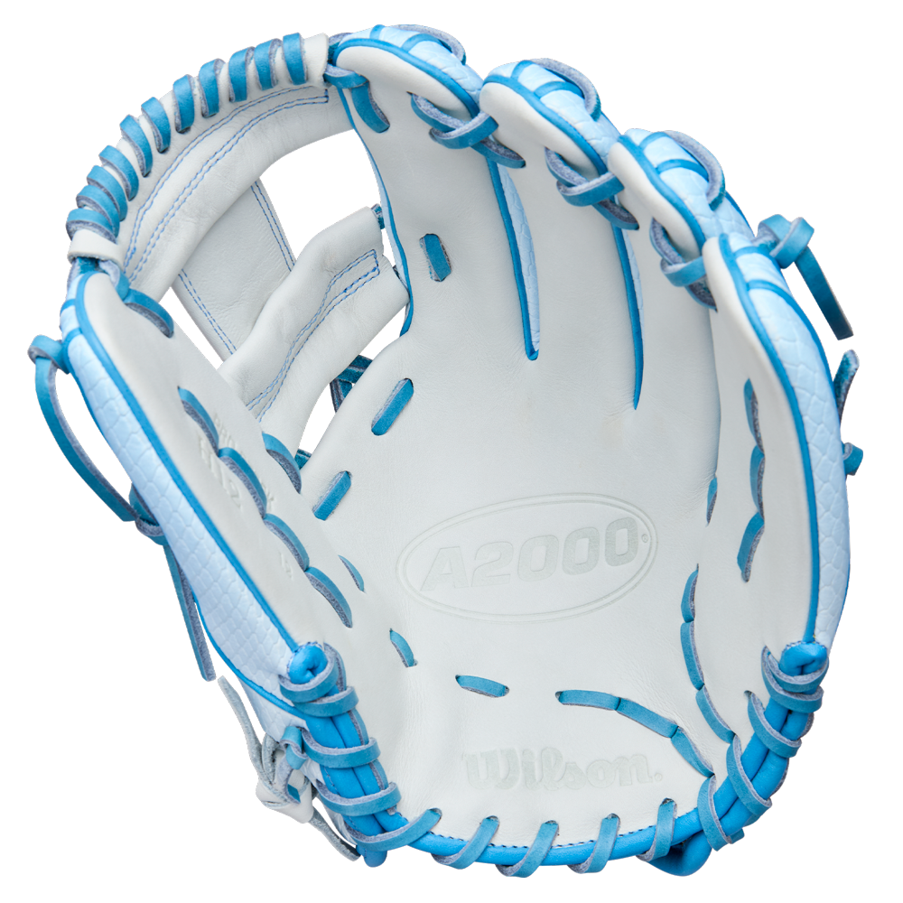 A white Wilson A2000 H12SS 12" Fastpitch Glove (WBW10394612) with light blue laces and trim, viewed from above with the palm facing up; "Wilson" and "A2000" are embossed inside this premium glove.