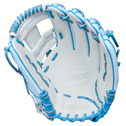 A white Wilson A2000 H12SS 12" Fastpitch Glove (WBW10394612) with light blue laces and trim, viewed from above with the palm facing up; "Wilson" and "A2000" are embossed inside this premium glove.