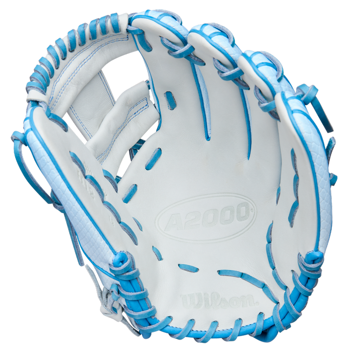 A white Wilson A2000 H12SS 12" Fastpitch Glove (WBW10394612) with light blue laces and trim, viewed from above with the palm facing up; "Wilson" and "A2000" are embossed inside this premium glove.