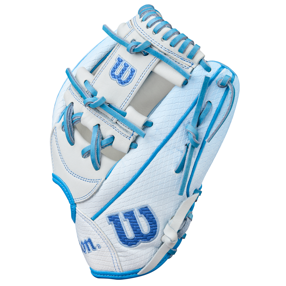 The Wilson A2000 H12SS 12" Fastpitch Glove (WBW10394612) features white Pro Stock leather, SuperSnakeSkin, blue stitching and laces, and a blue Wilson logo on the wrist and thumb, displayed on a plain white background.
