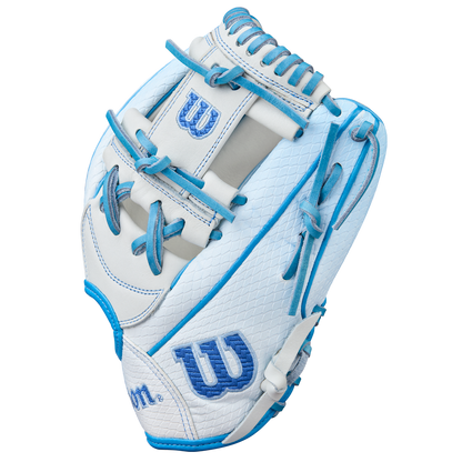The Wilson A2000 H12SS 12" Fastpitch Glove (WBW10394612) features white Pro Stock leather, SuperSnakeSkin, blue stitching and laces, and a blue Wilson logo on the wrist and thumb, displayed on a plain white background.