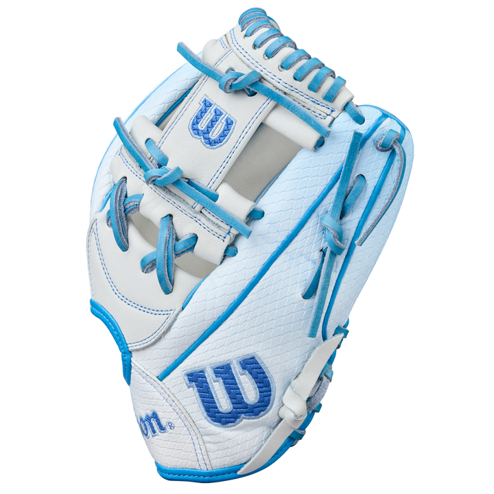 The Wilson A2000 H12SS 12" Fastpitch Glove (WBW10394612) features white Pro Stock leather, SuperSnakeSkin, blue stitching and laces, and a blue Wilson logo on the wrist and thumb, displayed on a plain white background.
