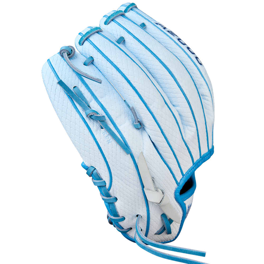 The Wilson A2000 H12SS 12" Fastpitch Glove (WBW10394612) is a new white glove with light blue stitching and laces, crafted from Pro Stock leather by Wilson, shown with the palm facing away against a plain light background.