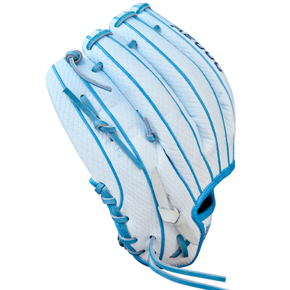 The Wilson A2000 H12SS 12" Fastpitch Glove (WBW10394612) is a new white glove with light blue stitching and laces, crafted from Pro Stock leather by Wilson, shown with the palm facing away against a plain light background.