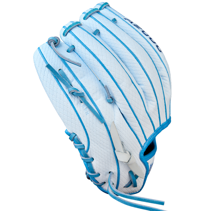 The Wilson A2000 H12SS 12" Fastpitch Glove (WBW10394612) is a new white glove with light blue stitching and laces, crafted from Pro Stock leather by Wilson, shown with the palm facing away against a plain light background.