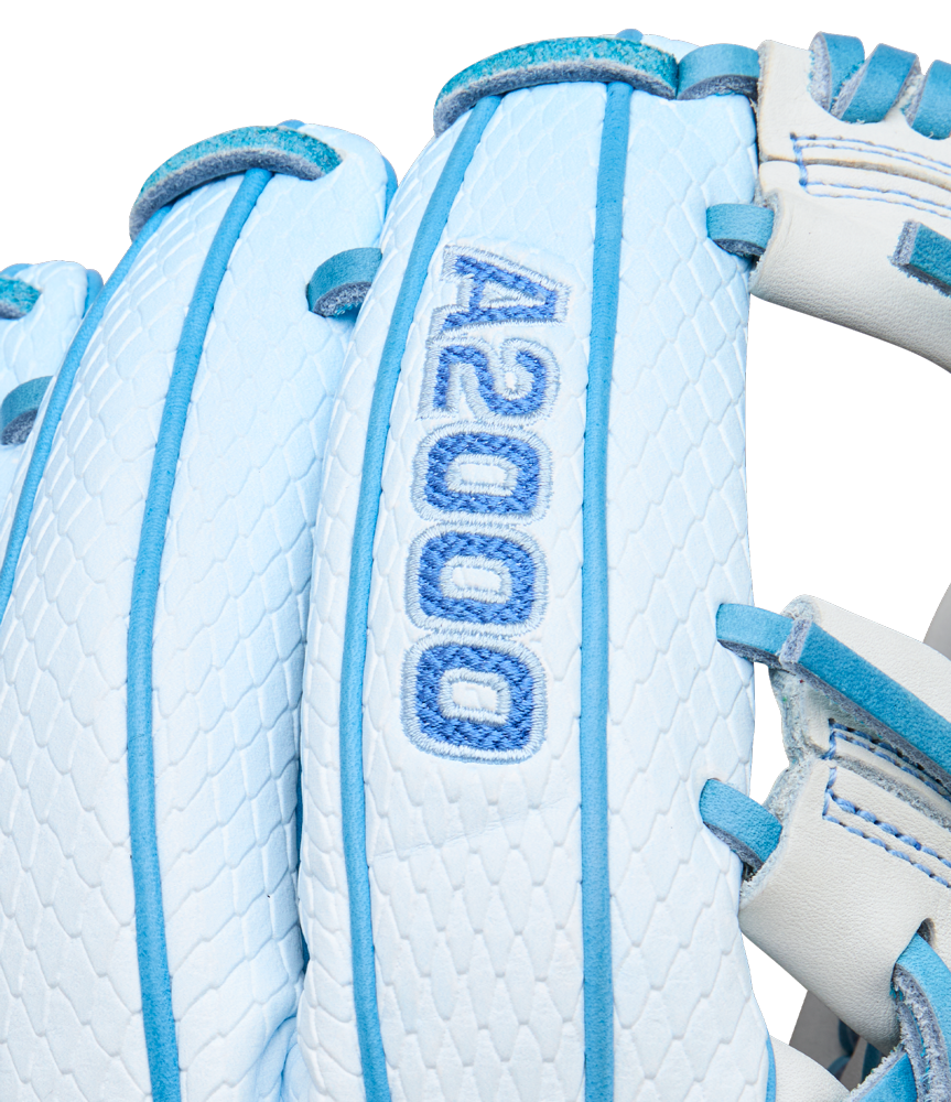 Close-up of the Wilson A2000 H12SS 12" Fastpitch Glove (WBW10394612), a white and light blue glove made with Pro Stock leather, textured stitching, and "A2000" embroidered in blue on the back.