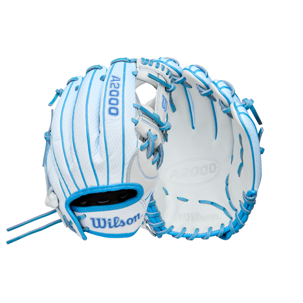 The Wilson A2000 H12SS 12" Fastpitch Glove (WBW10394612) features a white design with bright blue laces, Pro Stock leather, and is shown from the front and back against a plain white background.