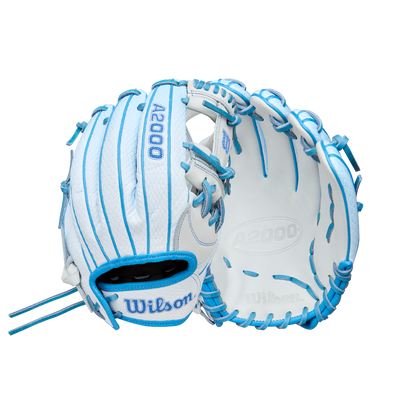 The Wilson A2000 H12SS 12" Fastpitch Glove (WBW10394612) features a white design with bright blue laces, Pro Stock leather, and is shown from the front and back against a plain white background.