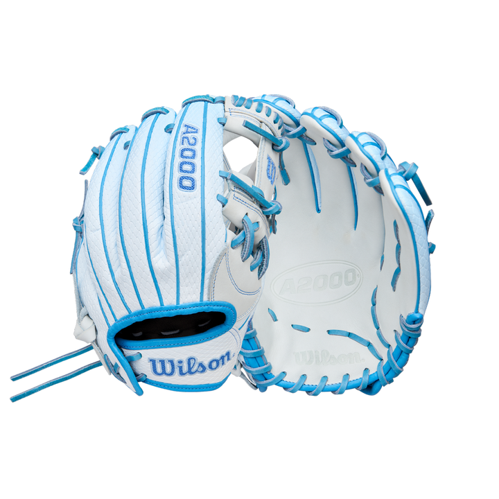The Wilson A2000 H12SS 12" Fastpitch Glove (WBW10394612) features a white design with bright blue laces, Pro Stock leather, and is shown from the front and back against a plain white background.