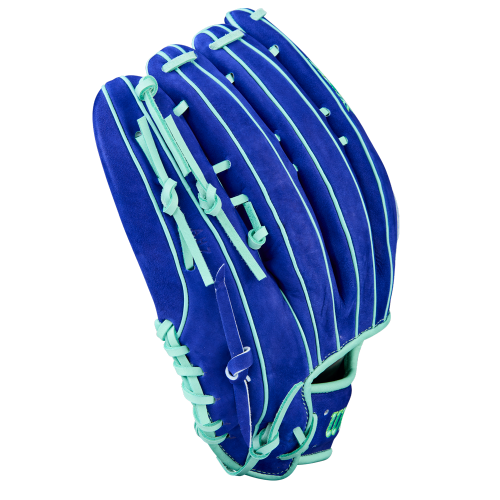 The Wilson A2K JS22 12.75" Juan Soto GM Baseball Glove (WBW1039531275) features royal blue Pro Stock Select leather with light teal laces and trim, shown from the back on a plain white background.