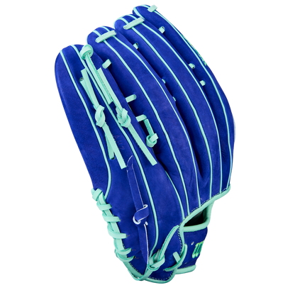 The Wilson A2K JS22 12.75" Juan Soto GM Baseball Glove (WBW1039531275) features royal blue Pro Stock Select leather with light teal laces and trim, shown from the back on a plain white background.