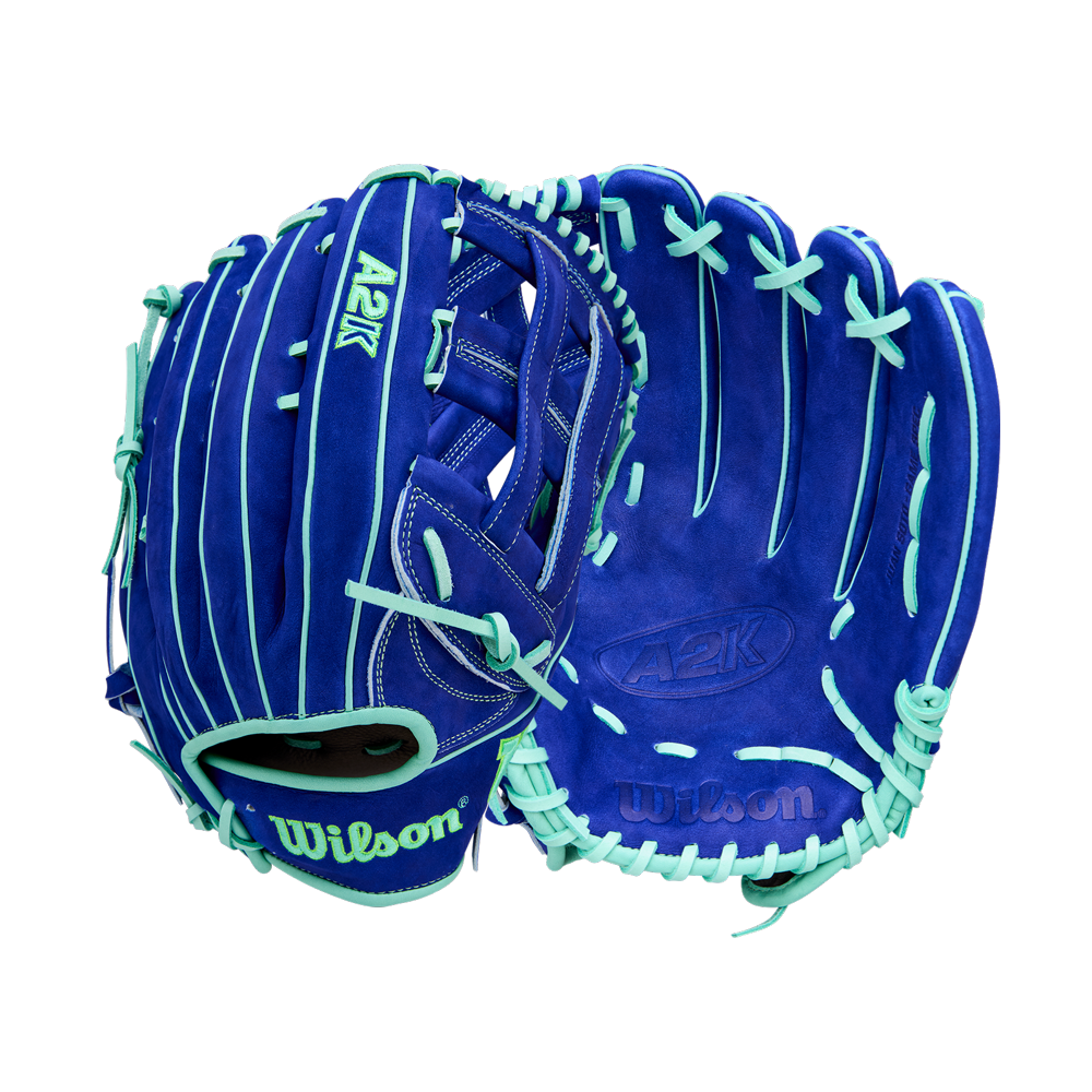 The Wilson A2K JS22 12.75" Juan Soto GM Baseball Glove (WBW1039531275) by Wilson is shown in blue with light blue laces, displaying both the front and back on a white background.