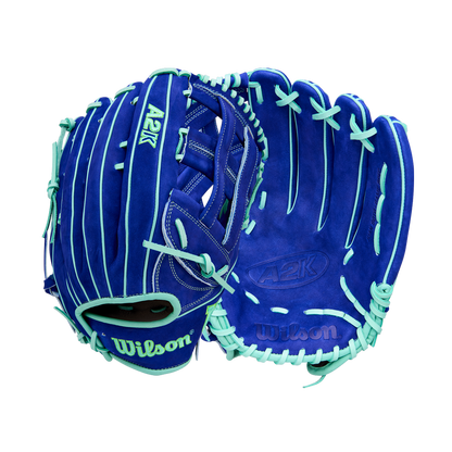 The Wilson A2K JS22 12.75" Juan Soto GM Baseball Glove (WBW1039531275) by Wilson is shown in blue with light blue laces, displaying both the front and back on a white background.