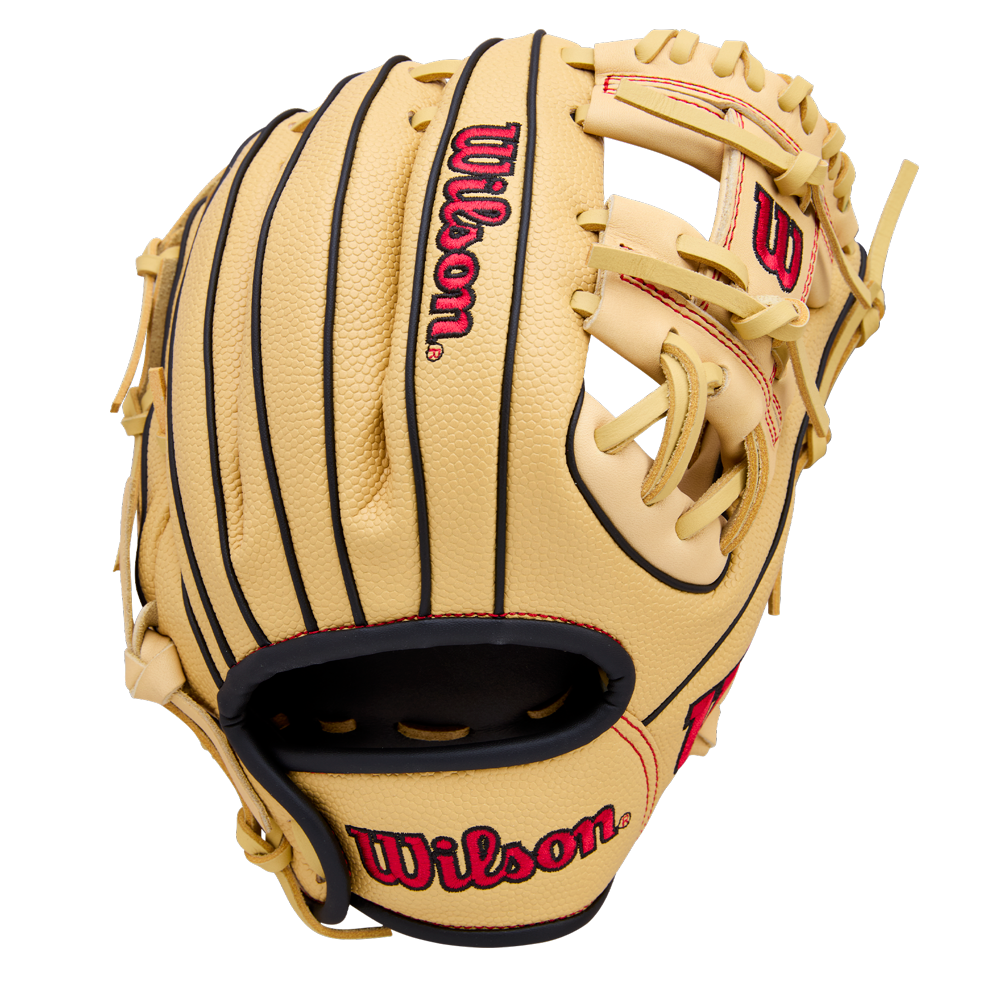 The Wilson A1000 PF11 11" Baseball Glove (WBW10395511) by Wilson is tan with black lacing, red logos, and visible stitching. Designed with Pedroia Fit for younger players, it features an open web and is shown on a white background.