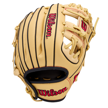 The Wilson A1000 PF11 11" Baseball Glove (WBW10395511) by Wilson is tan with black lacing, red logos, and visible stitching. Designed with Pedroia Fit for younger players, it features an open web and is shown on a white background.