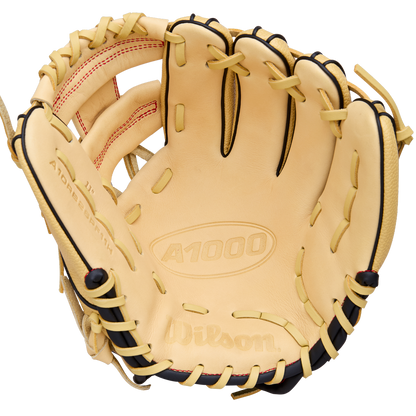 The Wilson A1000 PF11 11" Baseball Glove (WBW10395511) is a tan infield glove with black lacing, red stitching, Pedroia Fit for a snug feel, and brand logos plus model info on the leather.