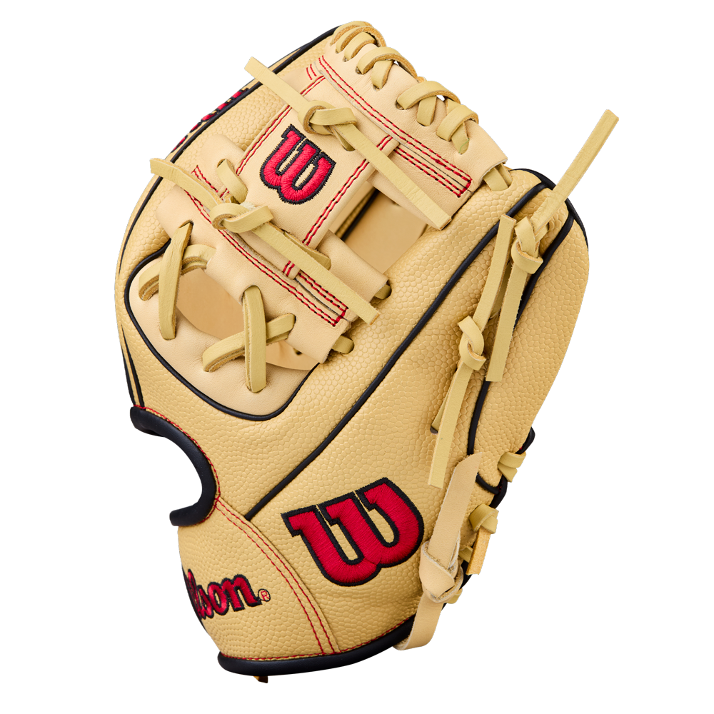 The Wilson A1000 PF11 11" Baseball Glove (WBW10395511) by Wilson, shown in tan with red and black accents, features the Pedroia Fit for youth comfort. Red W logos and beige laces stand out against a plain white background.