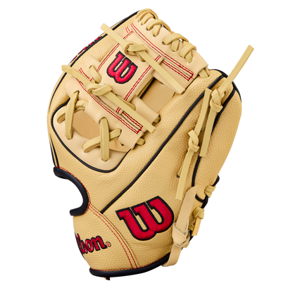 The Wilson A1000 PF11 11" Baseball Glove (WBW10395511) by Wilson, shown in tan with red and black accents, features the Pedroia Fit for youth comfort. Red W logos and beige laces stand out against a plain white background.
