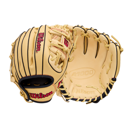 Two tan Wilson A1000 PF11 11" youth baseball gloves with black lacing—one palm side, one back—feature the red Wilson logo. Ideal for young players needing an 11” infield glove with Pedroia Fit. Brand: Wilson. Model: WBW10395511.
